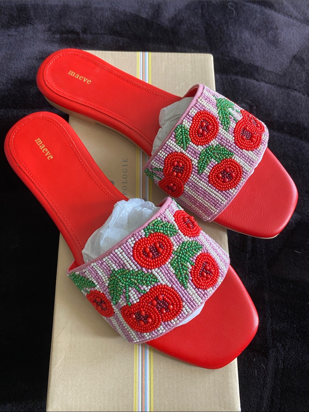Maeve Red Slide Sandals with Beaded Cherries Strap